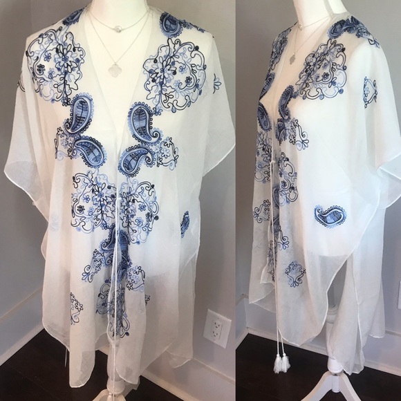 Other - White and Blue Kimono Coverup Boho Embroidered
